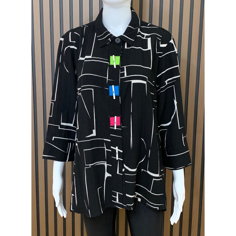 Ali Miles PXL Black White Abstract Button Front Blouse 3/4 Sleeve Top Lagenlook